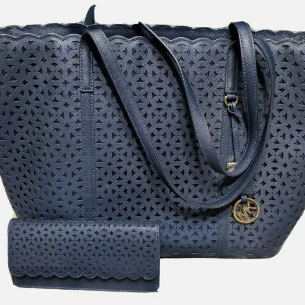 Michael Kors blue laser cut tote with matching wal